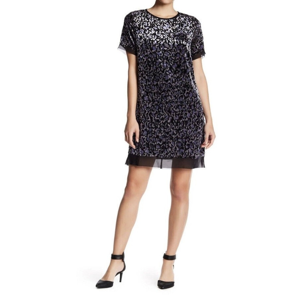 Superfoxx Burnout Velvet Short Sleeve Purple Black Sheer Dress Womens Size Large
